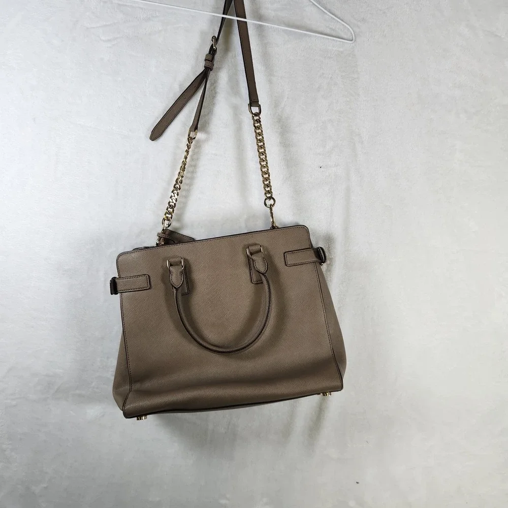 Michael Kors Saffiano Leather Tote Satchel‎ Taupe Chain Strap Large Shoulder Bag